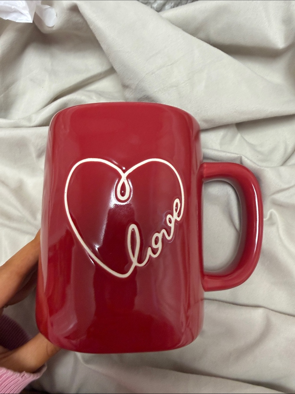 Rae Dunn Red Ceramic Mug with White Heart & "love" Script